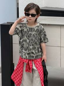 DAZY 男童全印花圆领短袖休闲做旧宽松T恤 - 灰色 - 查看 5