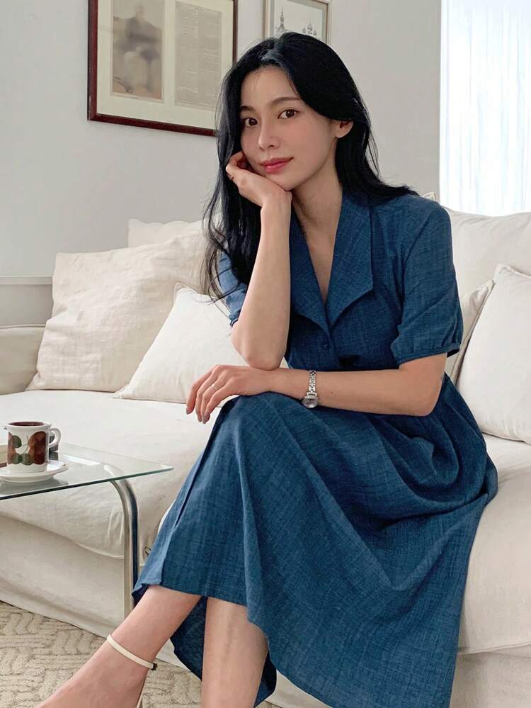 DAZY 女士翻领衬衫裙，收腰设计，短袖，优雅中长款连衣裙 - 藍色 - 查看 2