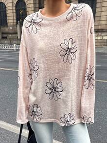 DAZY Camiseta de mujer de corte holgado con cuello redondo y estampado floral - Beis - Ver 5