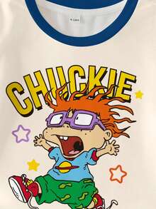 Nick 90s | SHEIN Áo thun ngắn tay cổ tròn in hình hoạt hình phối màu tương phản cho bé trai, thích hợp mặc mùa hè. - trắng - Xem 6