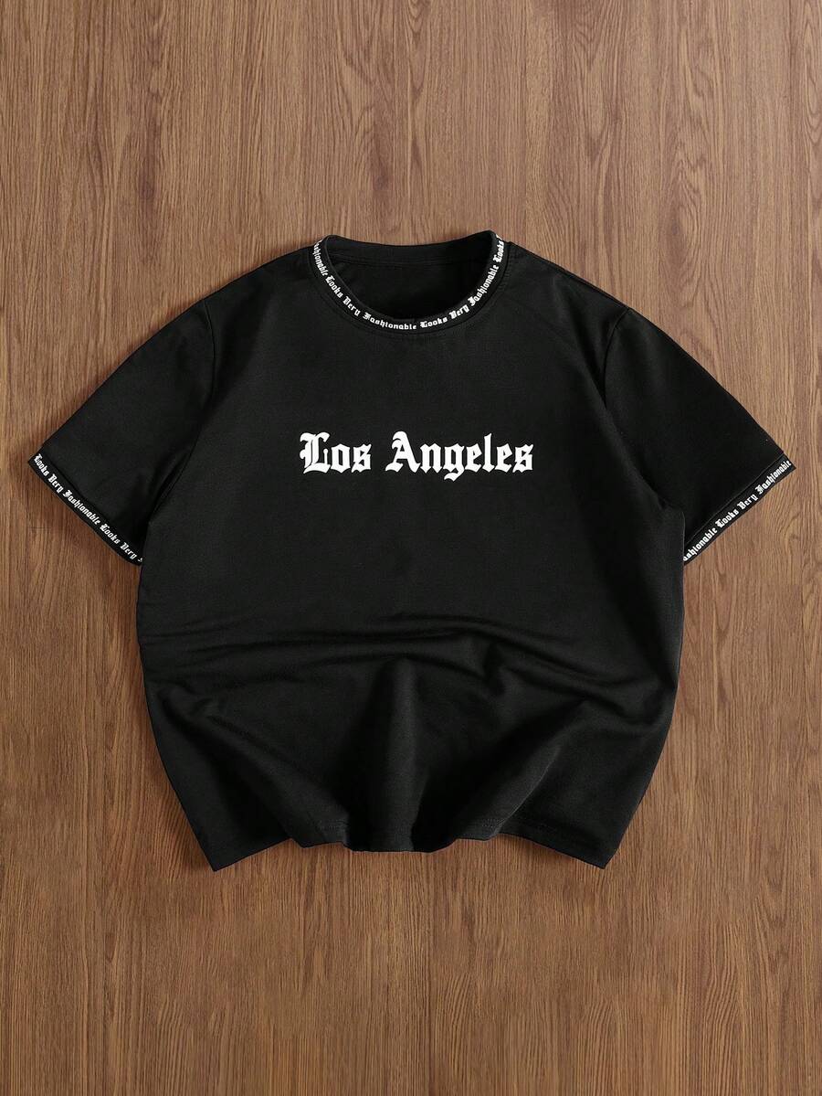 TOKVUE 男士纯色英文字母印花短袖圆领T恤，适合日常穿着、外出、休闲、运动、上学、旅行、家庭聚会等场合。短袖T恤，夏季T恤。可多件T恤作为礼物赠送给家人。2000年代风格 - 黑色 - 查看 1