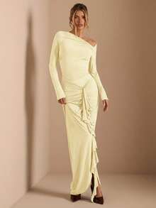 SHEIN BAE 纯棕色秋冬针织连衣裙，斜肩设计，腰部褶皱，侧边系带，优雅妩媚，适合派对、浪漫约会、鸡尾酒会、伴娘礼服、晚宴外出以及秋冬季叠穿等场合。 - 黃色 - 查看 5