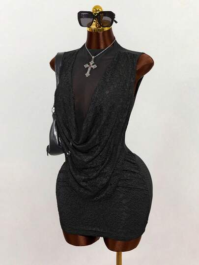 Mistrie This Is A New Spring/Summer Style Sexy Sleeveless Halter-Neck Dress With Mesh Fabric And Lace Details, Featuring Pleated Short Sleeves. It Is Suitable For Music Festivals And Nightclubs.