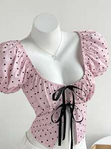 Elamini 可爱波点蝴蝶结泡泡袖U领短袖女式衬衫 - 粉色 - 查看 1