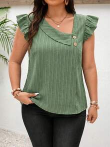 SHEIN Frenchy 大码女式纯色不对称领短袖纽扣设计休闲衬衫 - 綠色 - 查看 3