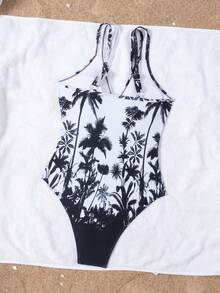 Swim Chiccia Áo tắm liền thân hở lưng in hình cây dừa nhiệt đới dành cho nữ, dây đeo vai có thể điều chỉnh, tôn dáng, thích hợp cho kỳ nghỉ biển và mùa hè. - Nhiều màu - Xem 5