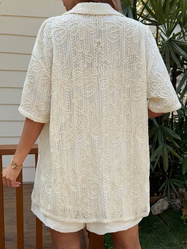 Textured Embroidered Loose Turndown Collar Short Sleeve Thin Jacket, Casual Resort Wear For Women, Spring/Summer