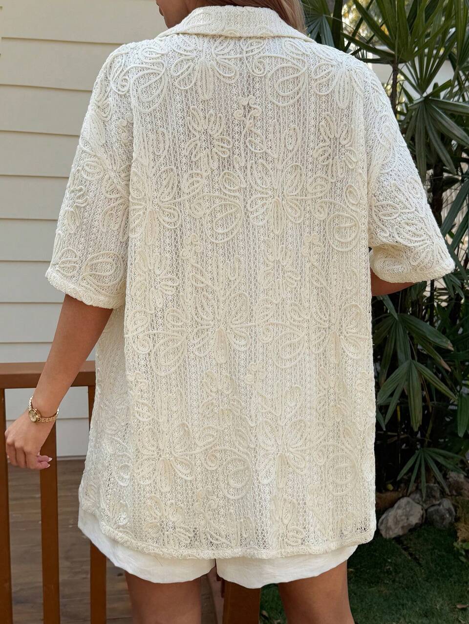 Textured Embroidered Loose Turndown Collar Short Sleeve Thin Jacket, Casual Sexy Resort Wear For Women, Spring/Summer Golf White
