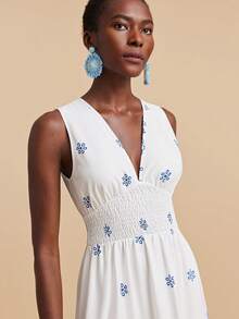 Travachic 女士碎花收腰连衣裙，波西米亚风，西式风格，夏季度假，适合假日、约会、下午茶、音乐节等场合，波西米亚风夏季连衣裙，女士海滩度假装扮，夏季服装，优雅女士连衣裙 - 藍白色 - 查看 8