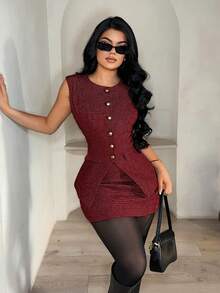 SHEIN SXY بدلة نسائية كاجوال للعمل مكونة من سترة وتنورة بطبعة هندسية، مناسبة للمكتب باللونين الأحمر والأسود، فستان أزرار بطراز فرنسي، فستان تويد للنساء، فساتين عمل للنساء، بلوزات عمل أنيقة للنساء، طقم أنيق للنساء للعمل - الأحمر - مشاهدة 4