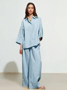 Aveloria Affinna Women's Casual Striped Loose Shirt And High Waist Wide Leg Pants 2 Pieces Set - Mint Blue - View 5