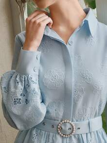 Anewsta Women's Hollow Out Embroidery Mini Dress, Fashionable For Valentine's Day, Women's Day, Mother's Day, Birthday, Date Night, Vacation - Blue - View 1