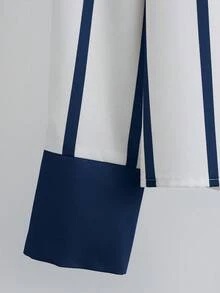 SHEIN قميص نسائي، طوق منقلب، أكمام طويلة، أمامي بأزرار، تصميم تلوين على الطوق والأساور والجسم والأكمام، قصة فضفاضة عادية، طراز أزياء للارتداء اليومي - أزرق بحري - مشاهدة 6
