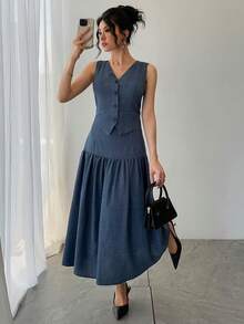 DAZY Women's Solid Color V-Neck Sleeveless Fashionable Minimalist Summer Suit - Blue - View 2