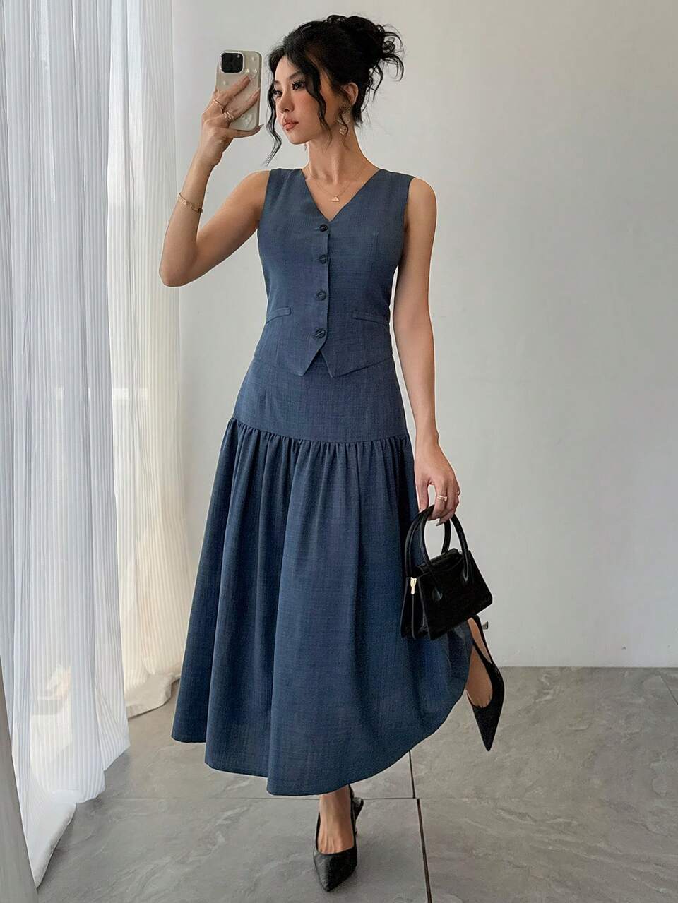 Women's Solid Color V-Neck Sleeveless Fashionable Minimalist Summer Suit Western Outfits For Women