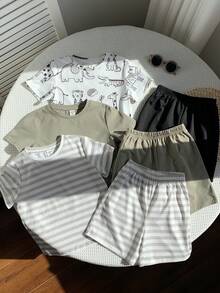 SHEIN 6件套男童可爱休闲假日沙滩恐龙条纹印花T恤短裤套装，适合春夏季节、日常穿着、运动、郊游、上学、聚会、节日、拍照等场合。 - 彩色 - 查看 4