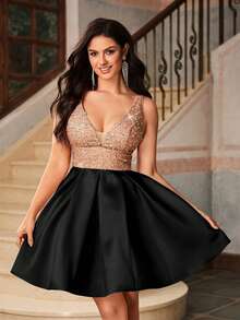Lovelzi Elegant Luxurious Navy Blue V-Neck Sequin Patchwork Satin Maxi Dress With Oversized A-Line Silhouette, Suitable For Weddings, Parties, Graduations, Galas - Black - View 3