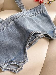 女童（小号）牛仔套装，2件套，不对称下摆牛仔背心上衣和裙子 - 藍色 - 查看 4