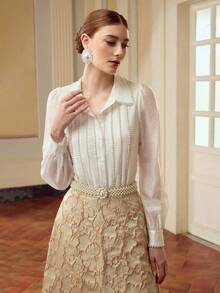 ZEYLAH 定制珍珠链细节女式长袖单排扣优雅衬衫 - 白色 - 查看 5