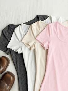 Comfortcana 4pcs/Set Plus Size Summer Square Neck Fitted T-Shirts Summer Tops Women Square Neck Tops Simple Tops - Multicolor - View 7