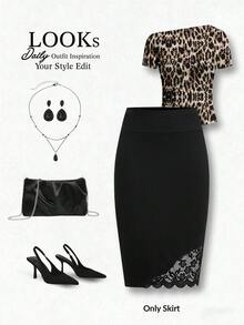 SHEIN Clasi 女士优雅撞色蕾丝修身铅笔裙，黑色休闲夏季女装，女士休闲优雅中长裙，修身，弹力，百搭，经典，适合办公室穿着，教师服装 - 黑色 - 查看 3