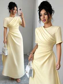 Elenzga Đầm Maxi Tay Ngắn Dáng Chữ A Cổ Tròn Xếp Ly Eo Cho Nữ, Phong Cách Đường Phố Retro Pháp Thanh Lịch, Tối Giản, Phù Hợp Mặc Thường Ngày, Trang Trọng, Công Sở, Kỳ Nghỉ, Xuân/Hè - Màu vàng ngỗng - Xem 1