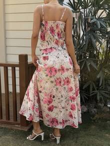 Livesso Conjunto de 2 piezas de blusa con nudo y falda casual estampada para mujer, adecuado para bodas, graduaciones y otros eventos bohemios - Rojo - Ver 2