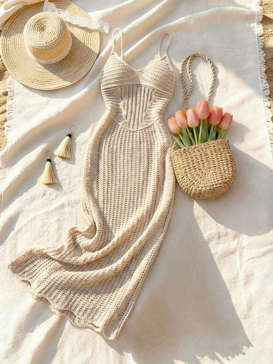 Rafferiza New Slim Fit Sexy Hollow Out Strap Fashion Personalized Knit Dress For Women, Suitable For Beach Vacation, Spring/Summer - Khaki - View 1