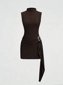 Olithes 女士极简立领系带修身金属扣装饰棕色无袖连衣裙 - 棕色 - 查看 7