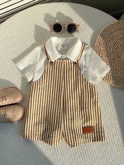 SHEIN 男女宝宝通用款休闲可爱棕色条纹背带短裤连体衣，春夏男宝宝服装