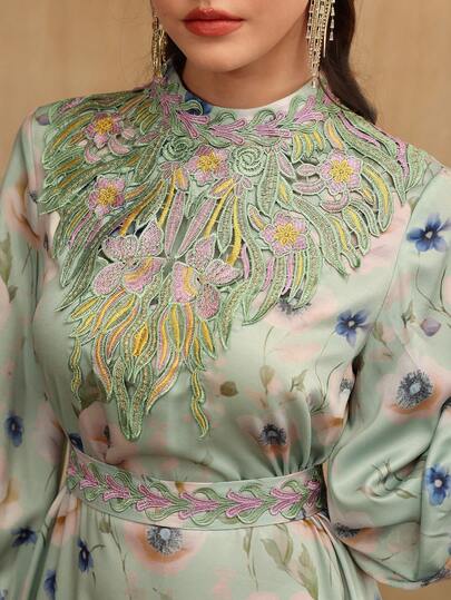 Layrah Vestido de campana con cuello elegante, aplicaciones florales y cinturón, para primavera/verano