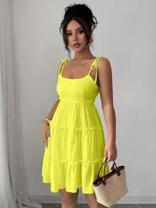 Elenzga 瑞士圆点荷叶边吊带连衣裙 度假沙滩装 女款 - 鵝黃色 - 查看 4