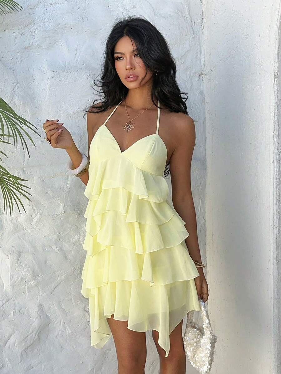 Aloruh Women's Elegant Sexy Fashionable Romantic Date/Graduation/Party Layered Ruffle Halter Backless Tie Strap Mini Dress, Light Yellow, Spring/Summer