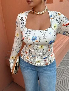 Selianne 大码女式印花修身长袖T恤，休闲日常穿着 - 彩色 - 查看 1