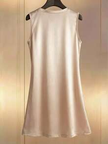 Franclia 纯色圆领缎面珍珠泡泡蝴蝶结无袖时尚优雅A字连衣裙 - 杏色 - 查看 2