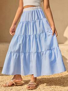 Tween Girls' Vacation Style Casual Loose Flared Multi-Layer Patchwork Blue Striped Skirt - Blue - View 4