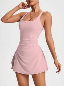 CourtClass Women's Solid Color Square Neck Camisole Style Sport Dress For Coordinated Outfits - Pink - View 6