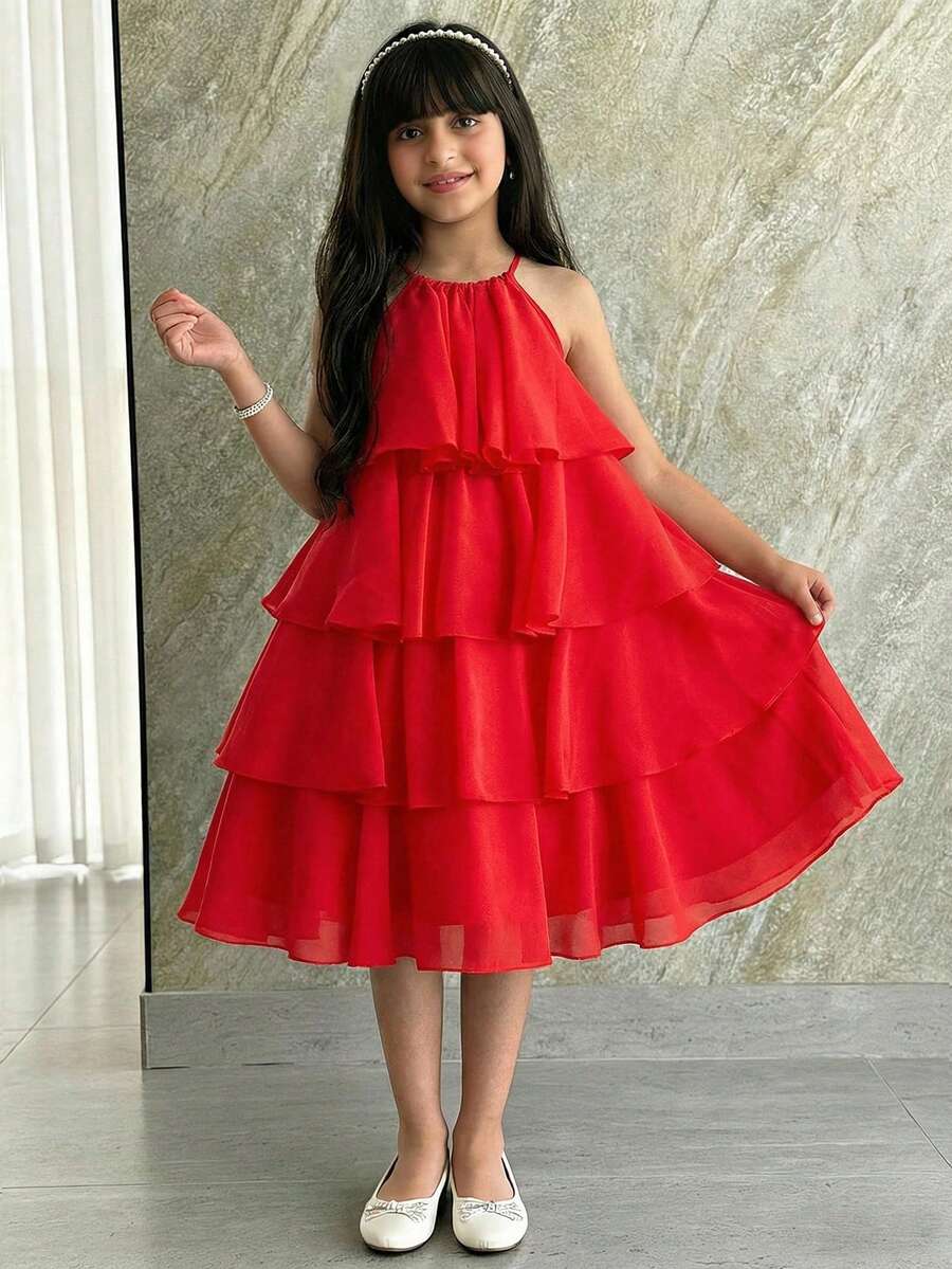 SHEIN Tween Girl Loose Elegant Halter Neck Sleeveless Multi-Layer Ruffle Midi Dress - Red - View 1