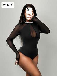 SHEIN PETITE 女士性感网纱拼接长袖连体衣 - 黑色 - 查看 7