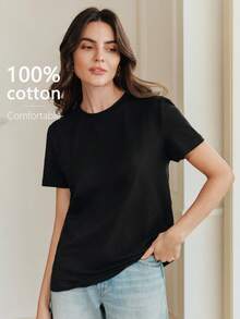 Anewsta Women's Fashionable Elegant Casual Black Short Sleeve T-Shirt, Versatile From Spring To Summer - Black - View 5