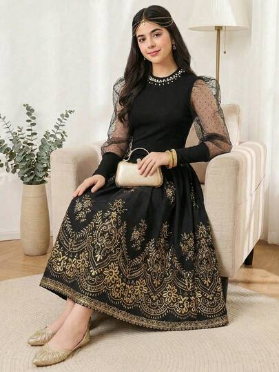 Tvådelad tonårstopp för kvinnor, retromode, pärldekoration, krage, nät, bubbelärmar, skarvad topp med guldfolietyg, ko-senmidja och halvkroppskjol, lös och bekväm, mjuk och praktisk, lämplig för höst, vår och sommar, lämplig för vardagskläder, pendling, utomhuslek, sport, skola, streetwear, fester och fotografering