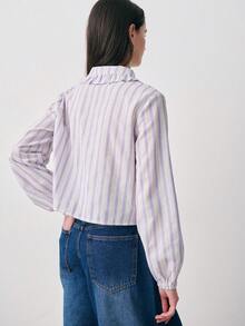 Nöista Regular Fit Blouse In Purple And White Stripes, Ruffles On Neck And Placket And Elastic Band On Cuffs. Casual Blouses For Women, Spring, Summer. - Purple - View 2