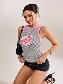 plantica Casual Sexy Urban Chic Floral & Striped Lace Patchwork Camisole Top, Suitable For Outings, Travel, Dates, Parties, Holidays, Valentine's Day, Spring/Summer,Going Out,Sexy, Elegant,, Wedding Guest, Music Festival, Musician, Night Club - Multicolor - View 8