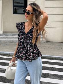 Serisse 女士碎花系带休闲衬衫，喇叭袖 - 粉色 - 查看 5