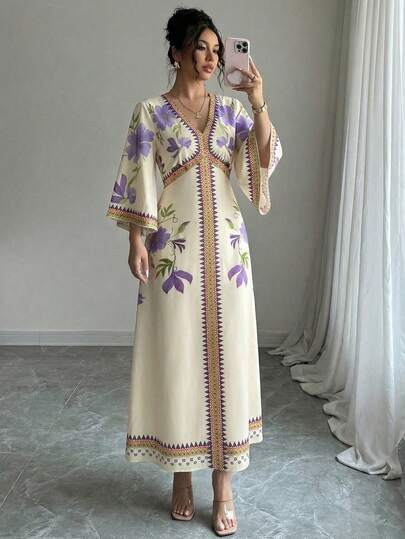 Yasmyna Women's Floral Print V-Neck Flare Sleeve Elegant Dress, Vacation