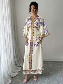 Yasmyna 女士印花V领喇叭袖优雅连衣裙，度假款 - 紫色 - 查看 5