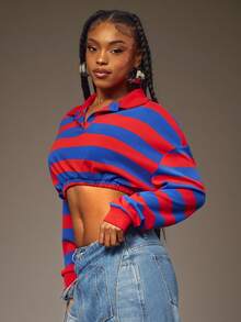 Denimoi Áo polo tay dài dáng ngắn, cổ bẻ, kẻ sọc, kiểu dáng thời trang. - Nhiều màu - Xem 5