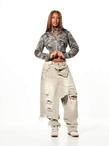 SUMWON WOMEN Áo khoác denim nữ dáng ngắn họa tiết rằn ri, cổ tay bo gân và khóa kéo, kiểu dáng quân đội, thích hợp cho mùa thu đông. - Xám - Xem 5