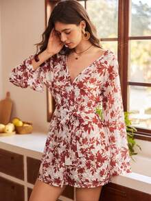 Bohemian Vacation Plant Lace Print Deep V-Neck Robe - Brown - View 4