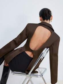 Aveloria Modichic Commuting Elegant Design Sense Backless Sexy Satin Luster Waist Cinching Long Sleeve Lapel Women's Blazer - Brown - View 5